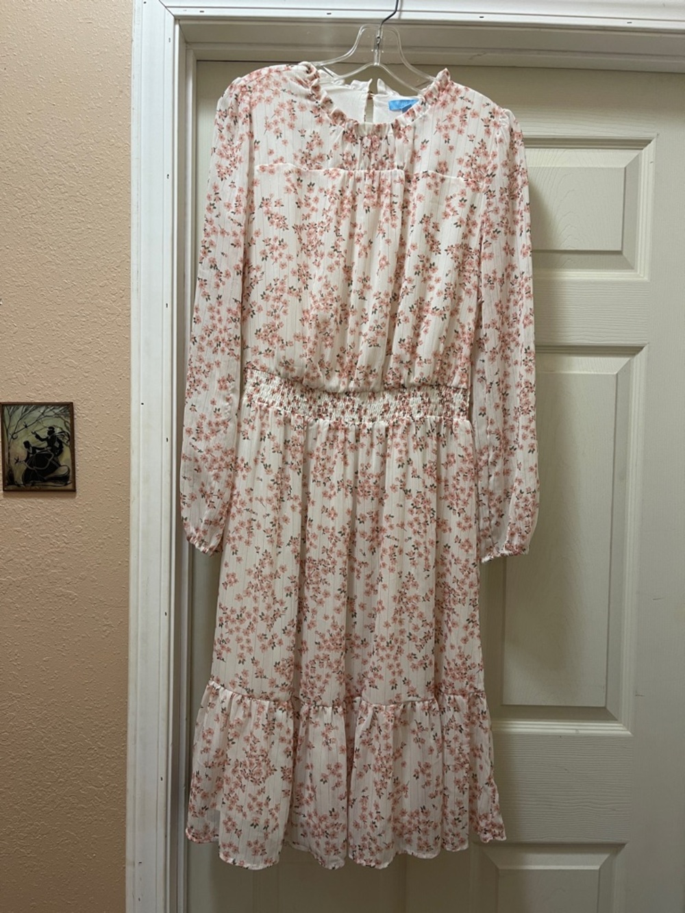 Draper James Cream Dress with Pink Floral Print, Long Sleeves